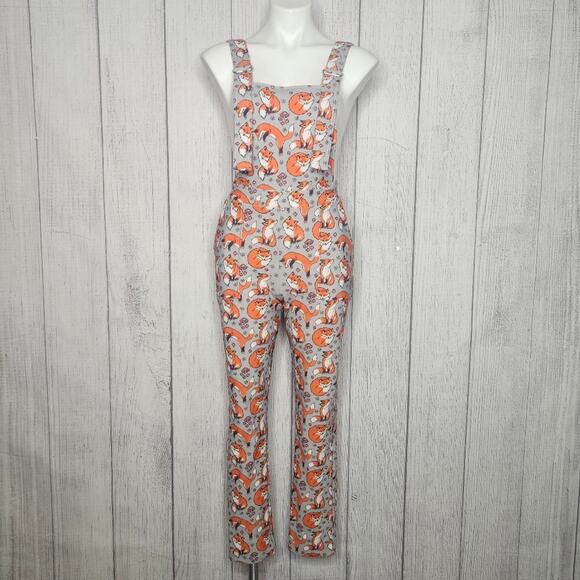 Blackmilk - For Fox Sake, Fleece Lined Gray Overalls w Foxes and Mushrooms, sz S - Picture 2 of 10